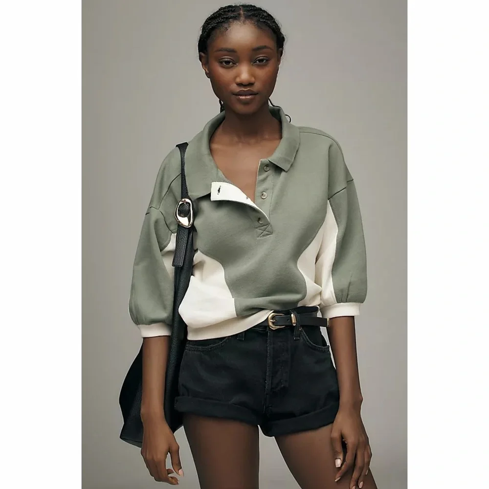 Anthropologie Pilcro The Niki Bubble Sweatshirt Colorblock Edition Sage Knit Top - Picture 1 of 11